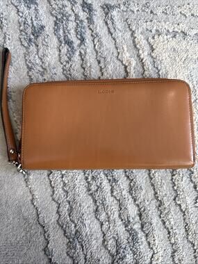LODIS Tan Leather Zip Around Wristlet Clutch Wallet